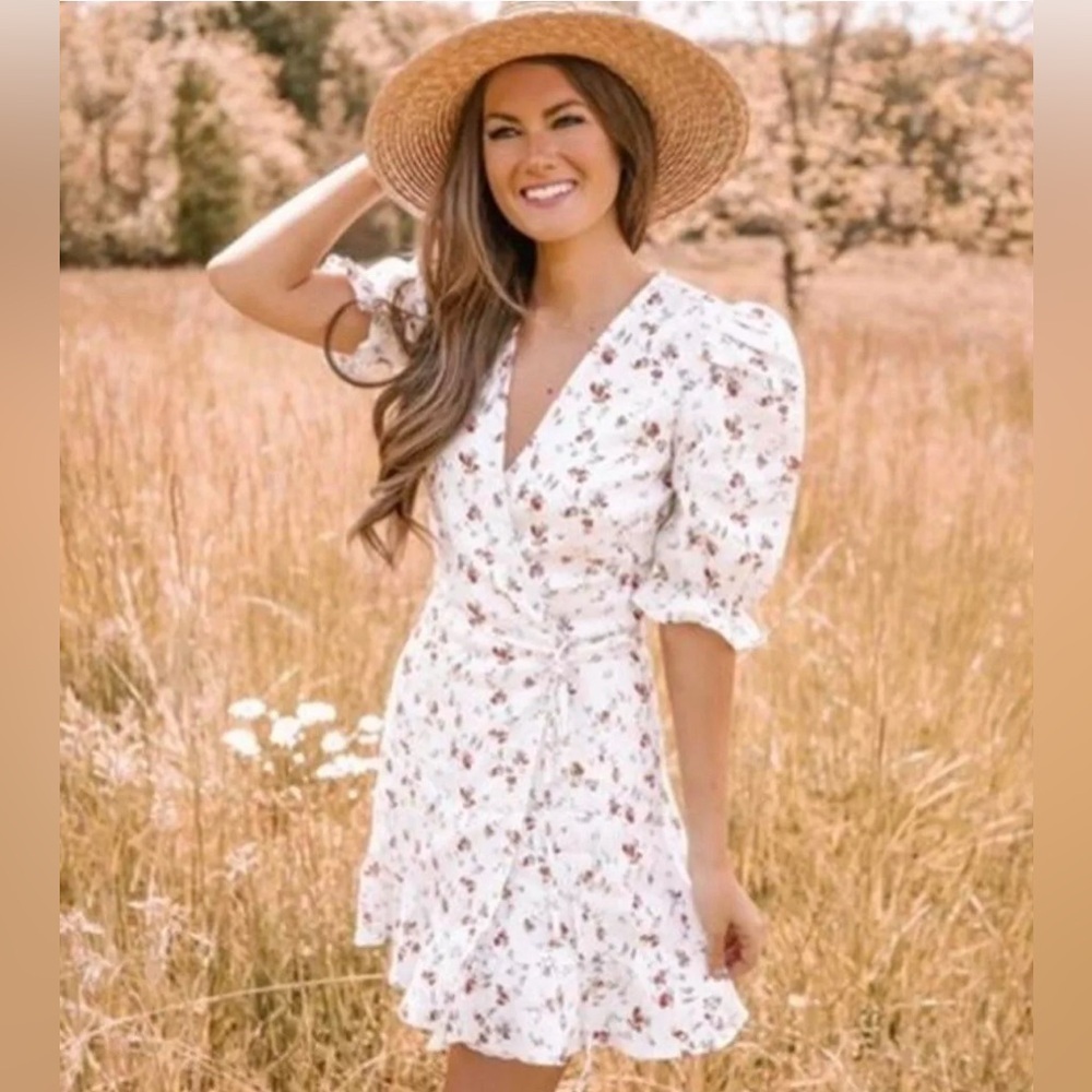 Reformation Carmelo Gabrielle Linen Floral Wrap Mini Dress, Size L